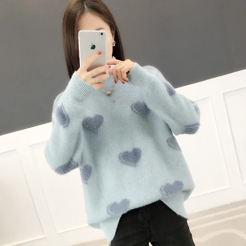 Свитер с сердечками кавайный шерстяной мохеровый бархатный женский пуловер