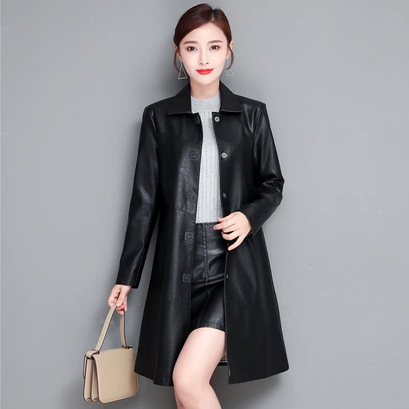 Женский Длинный Тренч из искусственной кожи черное пальто с капюшоном верхняя