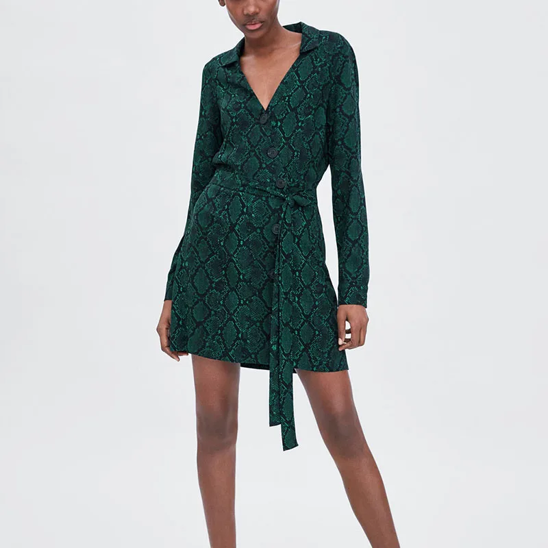 ZA 2020 весеннее Новое зеленое платье с принтом под змеиную кожу v-образным вырезом