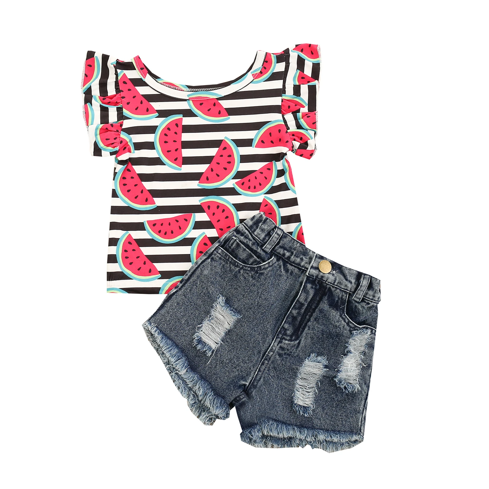 

Girl\u2019s Short-sleeved and Shorts Set Fashion Watermelon Stripe T-shirt and Ripped Denim Short Pants