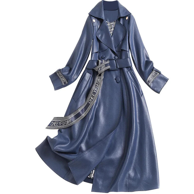 

2020 Elegant Windbreaker Tailored Collar with Belts Printing Letters Office Lady Fall Coat Navy Blue Suede Long Womentrench