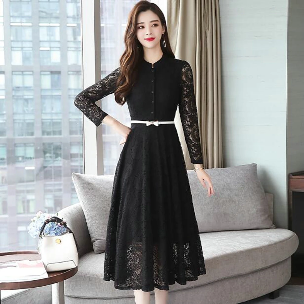 Женские платья осень зима 2019 Корейские осенние повседневные миди черные с
