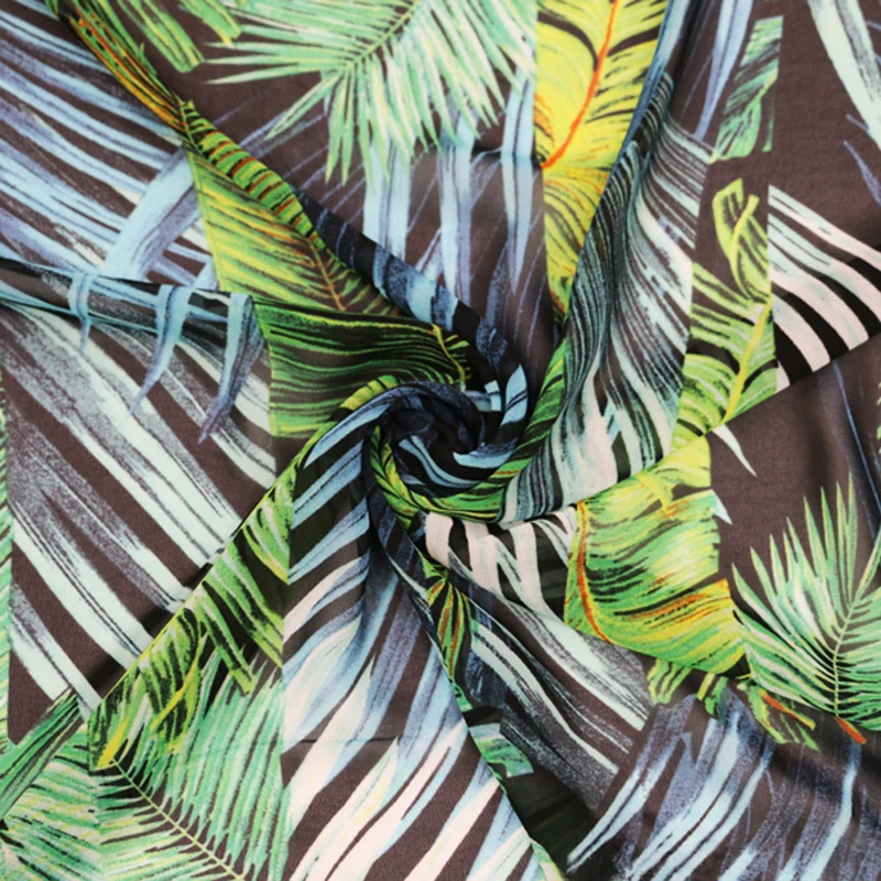 Ткань из зеленого шифона с принтом больших растений и листьев|material fabric|chiffon material