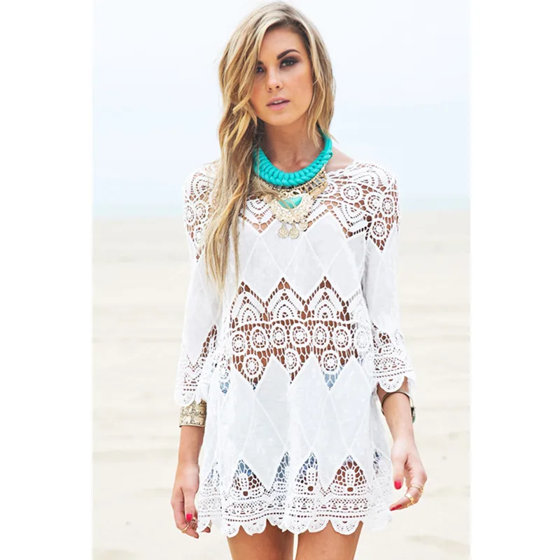 Sexy Women Bikini Swimwear Cover up Hollow Patchwork Embroidered Beach Blouse Loose Beach Dress Bohemian Young Style Woudeyou
