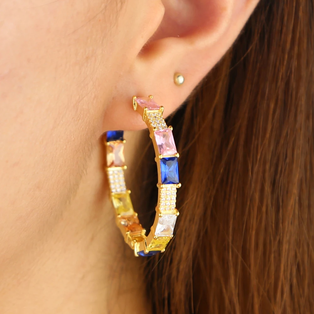 geometric square baguette cz pastel colorful huggie hoop earring stunning trendy women jewelry