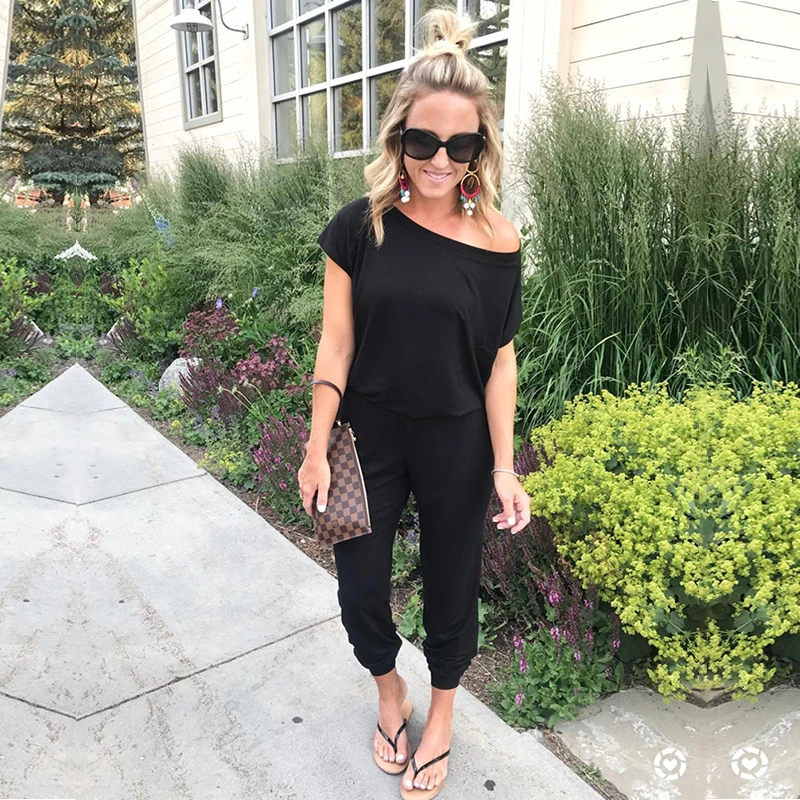 Женский однотонный комбинезон с открытыми плечами и коротким рукавом|Женские