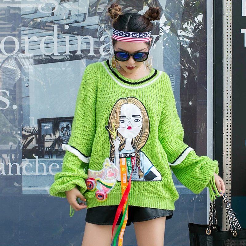 Thai street brand heavy work cartoon sequin patch sweater female fashion foreign gas head chic casual ageing | Женская одежда