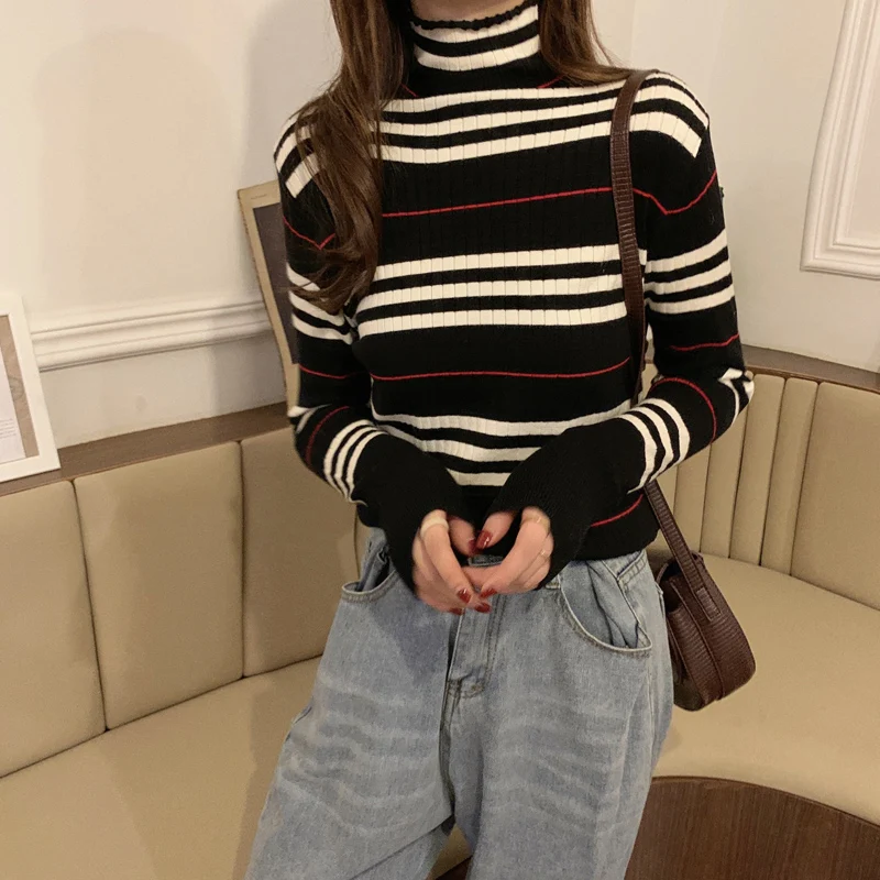 

HKCP Fashion Sweaters Women Bottoming Office Lady Striped Turtleneck Casual Long Sleeve Knitted Pullovers Winter 2020 New