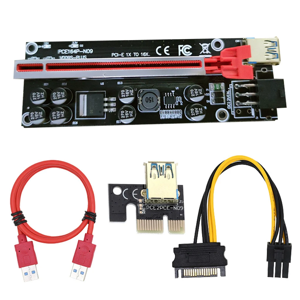 

10pcs VER 009S PLUS USB3.0 PCI-E Riser VER 009S Express 1X 4x 8x 16x Extender Riser Adapter Card SATA 15pin to 6 pin Power Cable