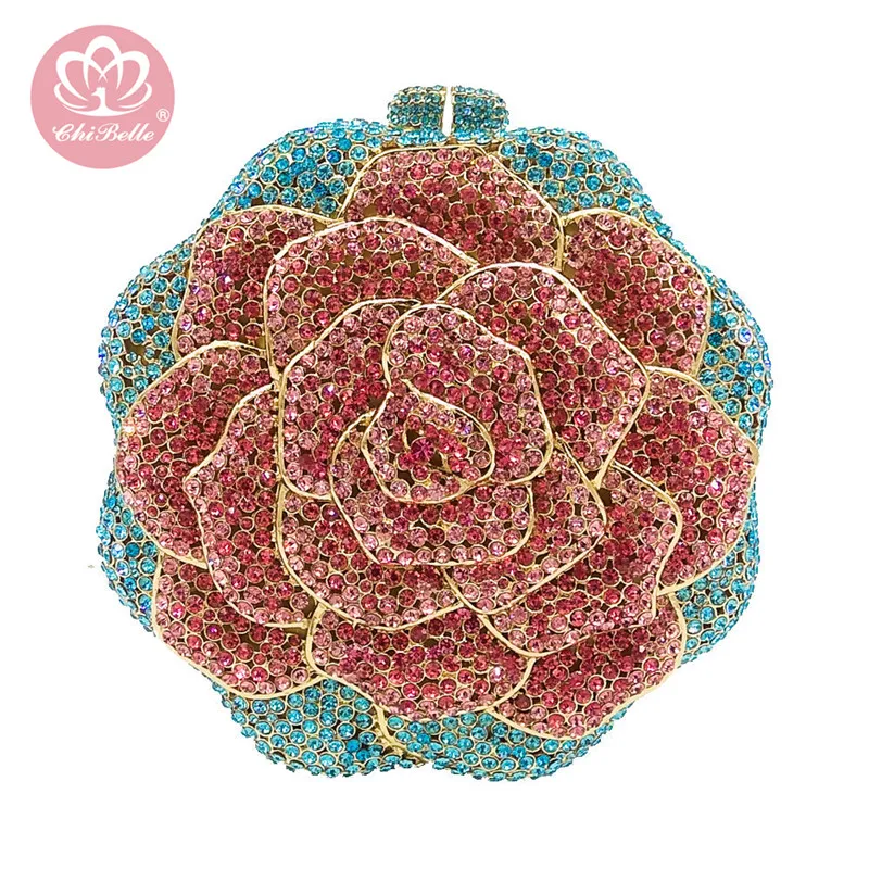 Вечерняя Сумка клатч Chi Belle с цветочным узором стразы кристаллами блестящая пудра