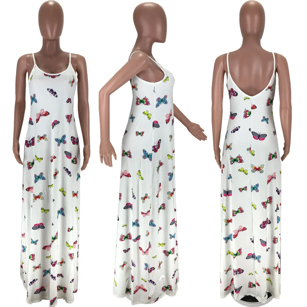 

2020 Summer Women Dress European and American Hot Style Model Solid-color Butterflies Print Office Lady Loose Maxi Dress
