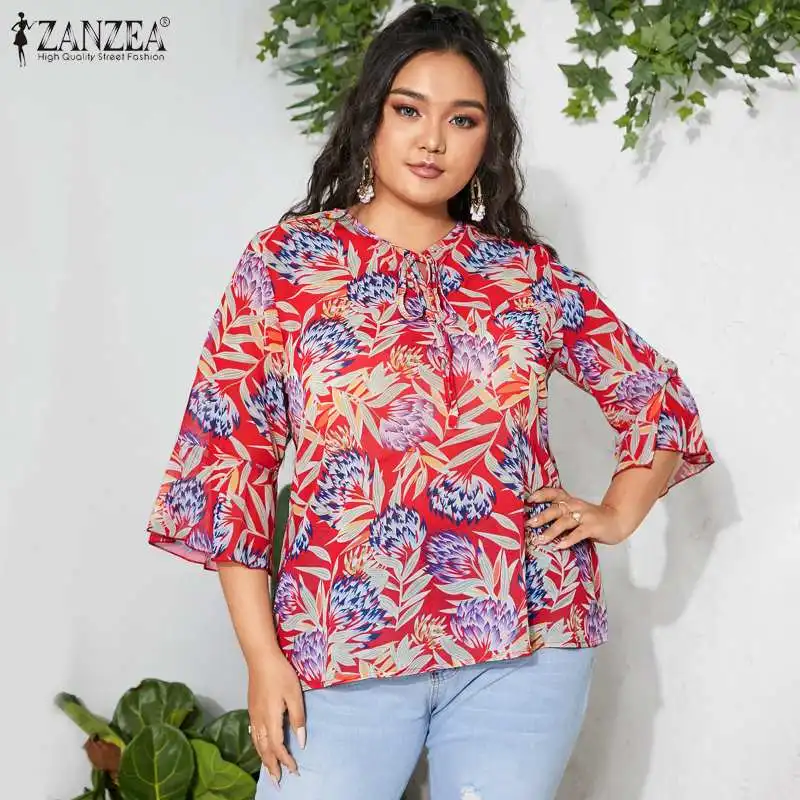

ZANZEA Women Chiffon Blouse 2021 Summer Bandage Print Shirts Casual Middle Floral Sleeve O-neck Tops Female Blusa Plus Size