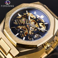 forsining top brand luxury man wristwatch skeleton fashion mens watch automatic mechanical waterproof gold stainless steel clock