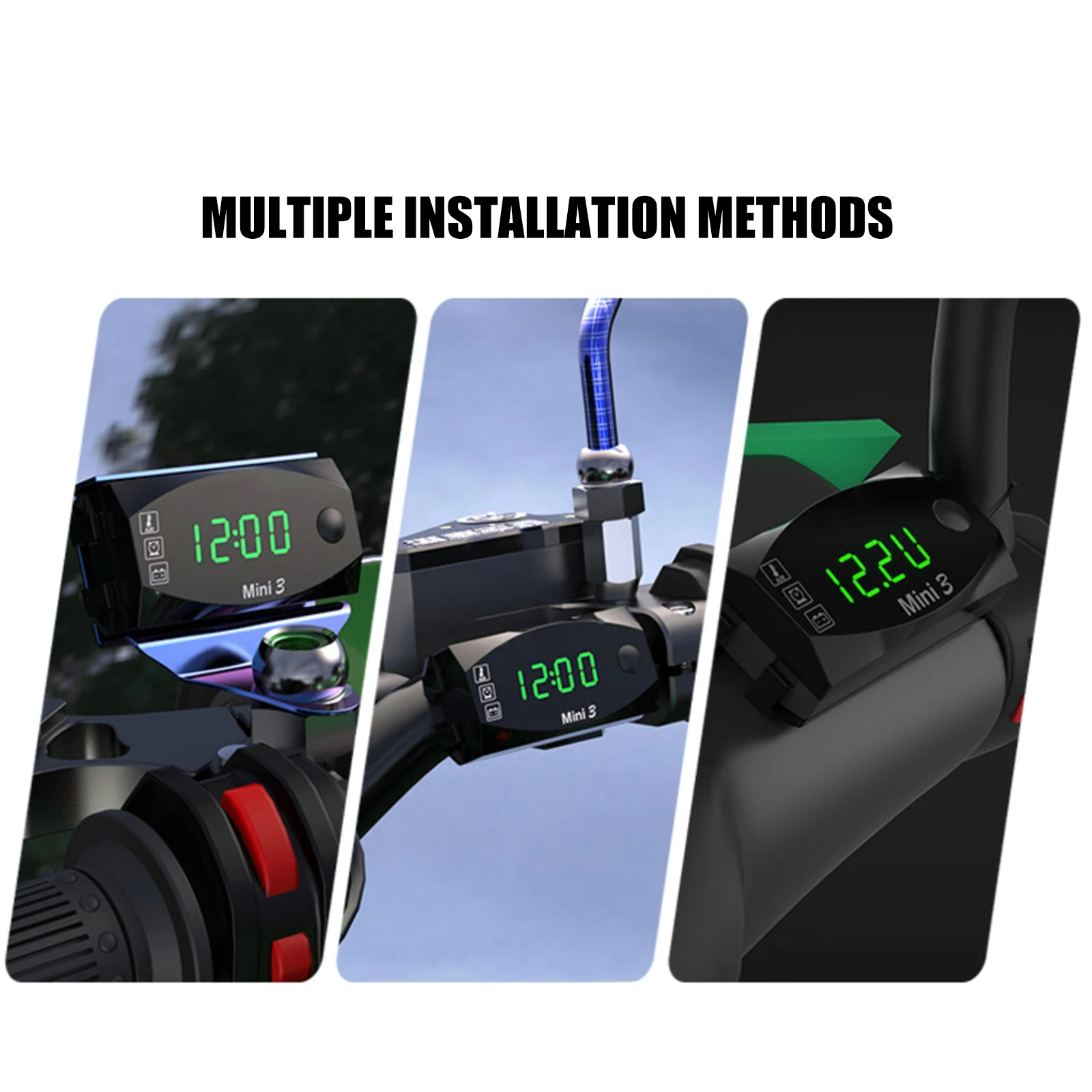 

3 in 1 Black Motorcycle Voltmeter Electronic Clock Thermometer IP67 Waterproof LED Digital Display 12V Motorcycles Refit Kit