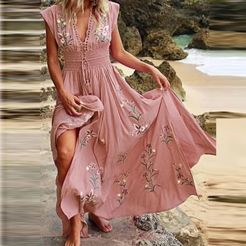 

Summer Sleeveless Loose Casual Beach Dress Vestido New V Neck Tassel Boho Long Dress Women Elegant Floral Print Maxi Party Dress