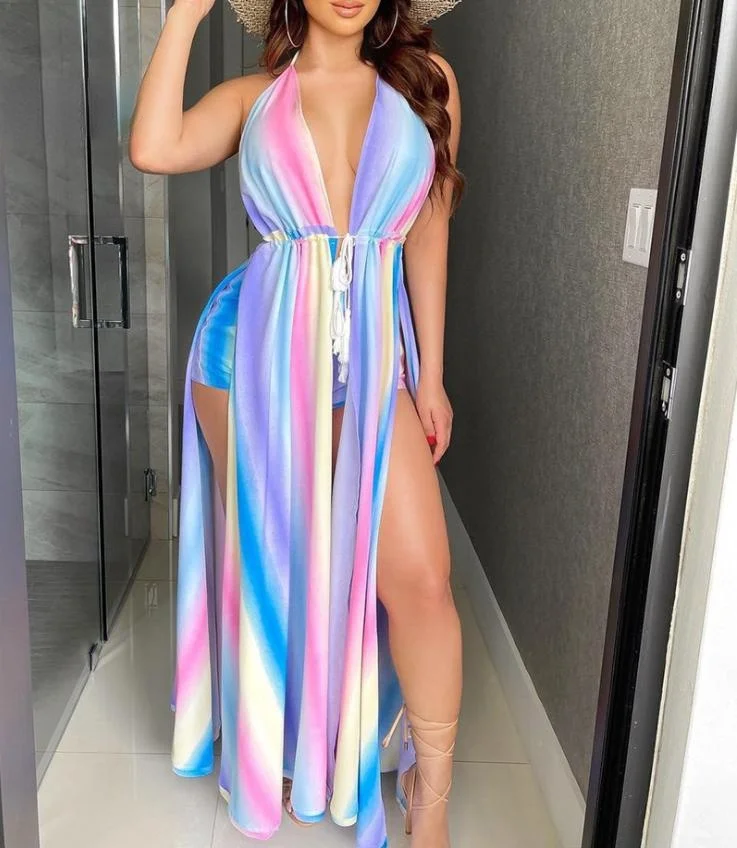 

Color Gradient Print Irregular Long Dress Women summer 2021 new Elegant Sexy Sleeveless Halter High Waist Split Dress
