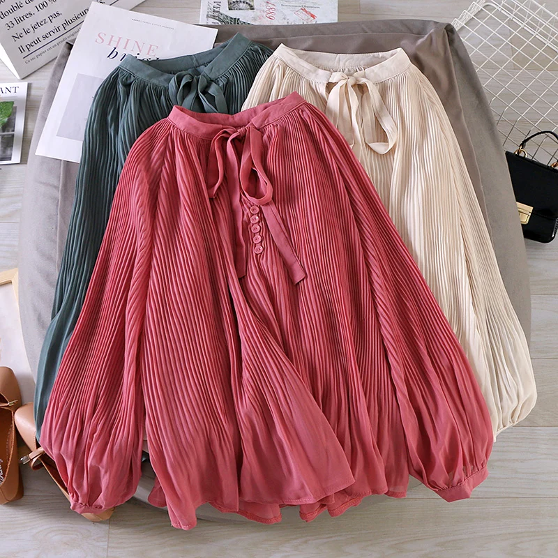 Женская шифоновая блузка с бантом на воротнике Повседневная плиссированная