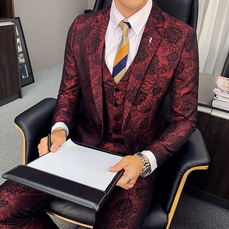 Ternos Masculinos Slim Fit Vintage Mens Suits Flowers Printed Blazers Men 3-piece Set Fancy Costume Homme Taille 4XL | Мужская одежда