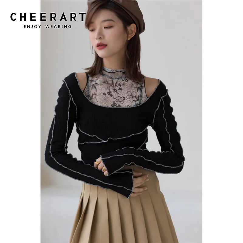 Женский трикотажный топ CHEERART черная водолазка с длинным рукавом и открытыми