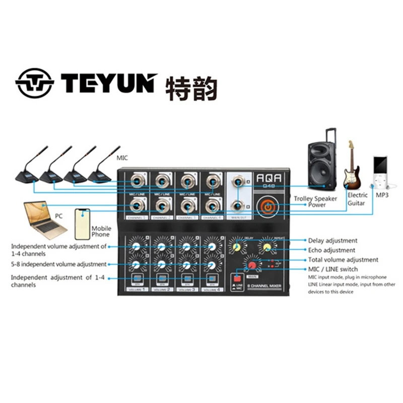 

AQA 8-Channel DJ Mixing Console Effector Live Recording Conference Hub Stereo Sound Reverberation Amplifier