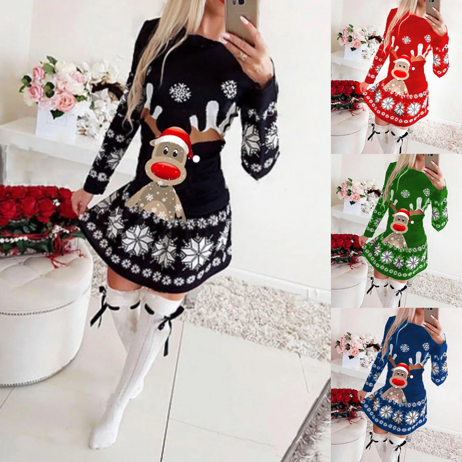 

Women's Fashion Dresses Round Neck Long Sleeve Dress Christmas Snowflake Printed Casual Party Dresses