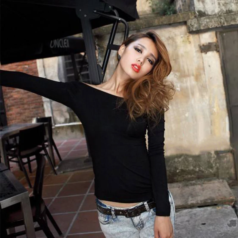 Новая Осенняя стильная женская футболка сексуальные топы с открытыми плечами