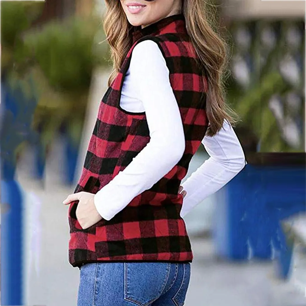 Клетчатая верхняя одежда Жилеты для женщин открытая спереди цветная с отворотом