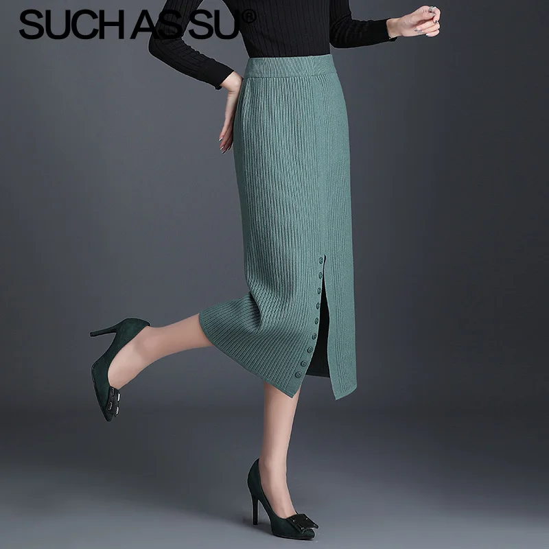 Green Skirt Новая Корейская вязаная женская юбка осень зима черная зеленая абрикосовая узкая юбка-карандаш на пуговицах с высоким разрезом Женская юбка с запахом - Цвет: Green Skirt