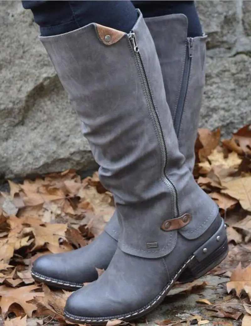 Женские сапоги до колена на низком каблуке с круглым носком|Сапоги колена| |