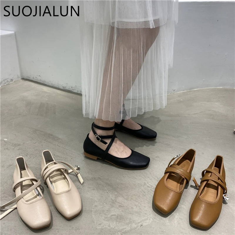 SUOJIALUN 2021 New Women Round Toe Flats Shoes Shallow Slip On Ballet Flat Ankle Strap Casual Loafers Soft Ballerina zapatos muj