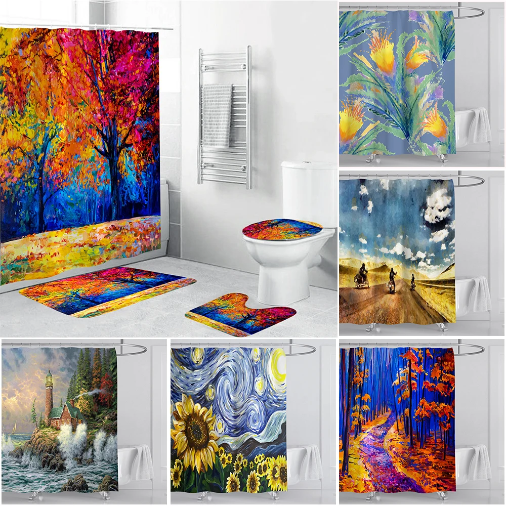

Landscape Oil Painting Series Printing Shower Curtain Waterproof Bathroom Curtain Set with Hook Home Decoration Cortinas De Baño