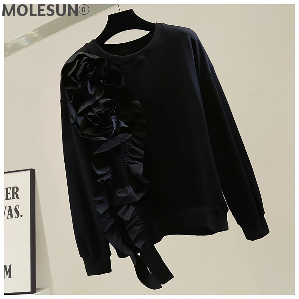 

Korean Fashion Three-Dimensional Decoration Women Sweetshirts Long Sleeve Patchwork Sweatshirt Woman Tops White Black Clothes