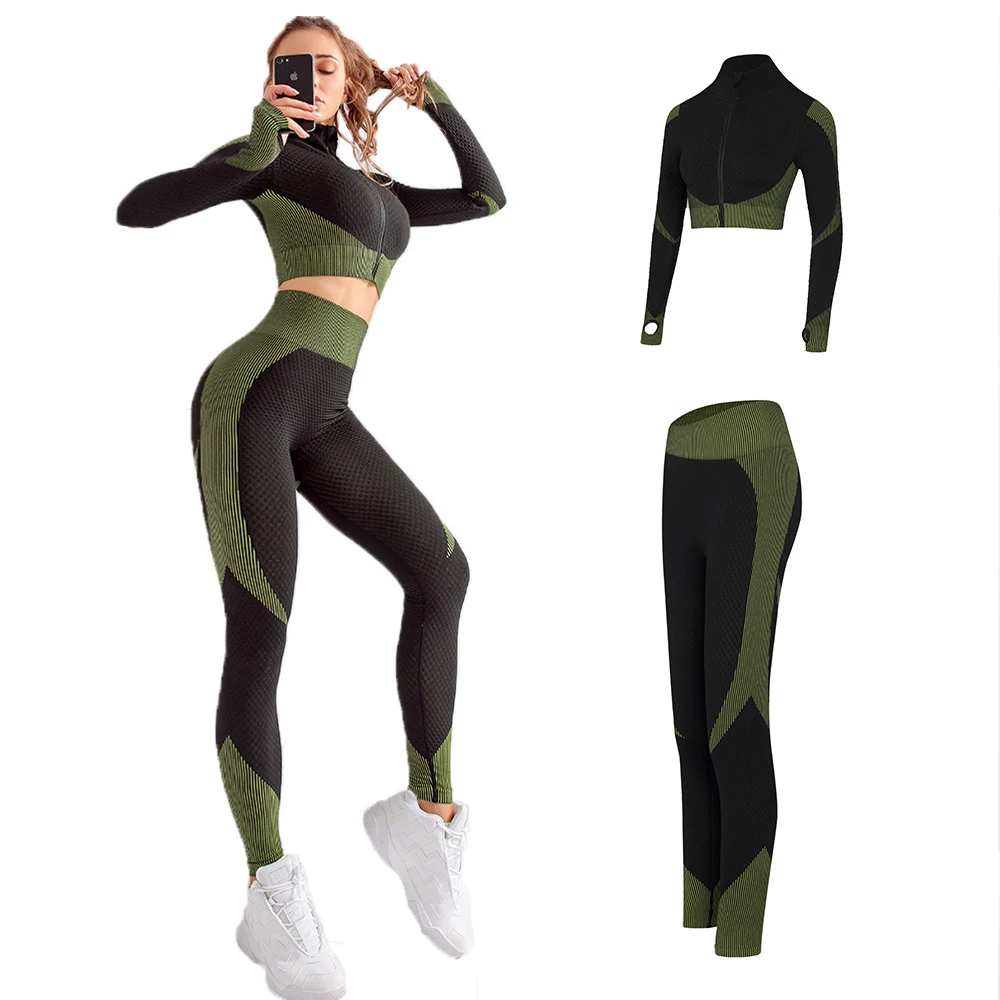 

2020 New Seamless Women's 2 Piece Outfits Jacket Hoodie and Leggings Pants Set Active Wear Sport Gym Running Tracksuit