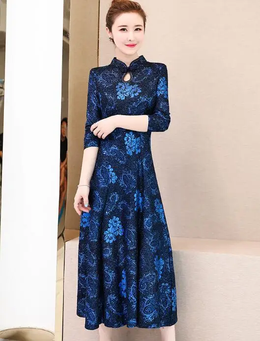 Осень Зима Новое поступление размера плюс M-3XL Ретро Cheongsam стоячий воротник жаккард длинный рукав женское длинное платье - Цвет: Синий