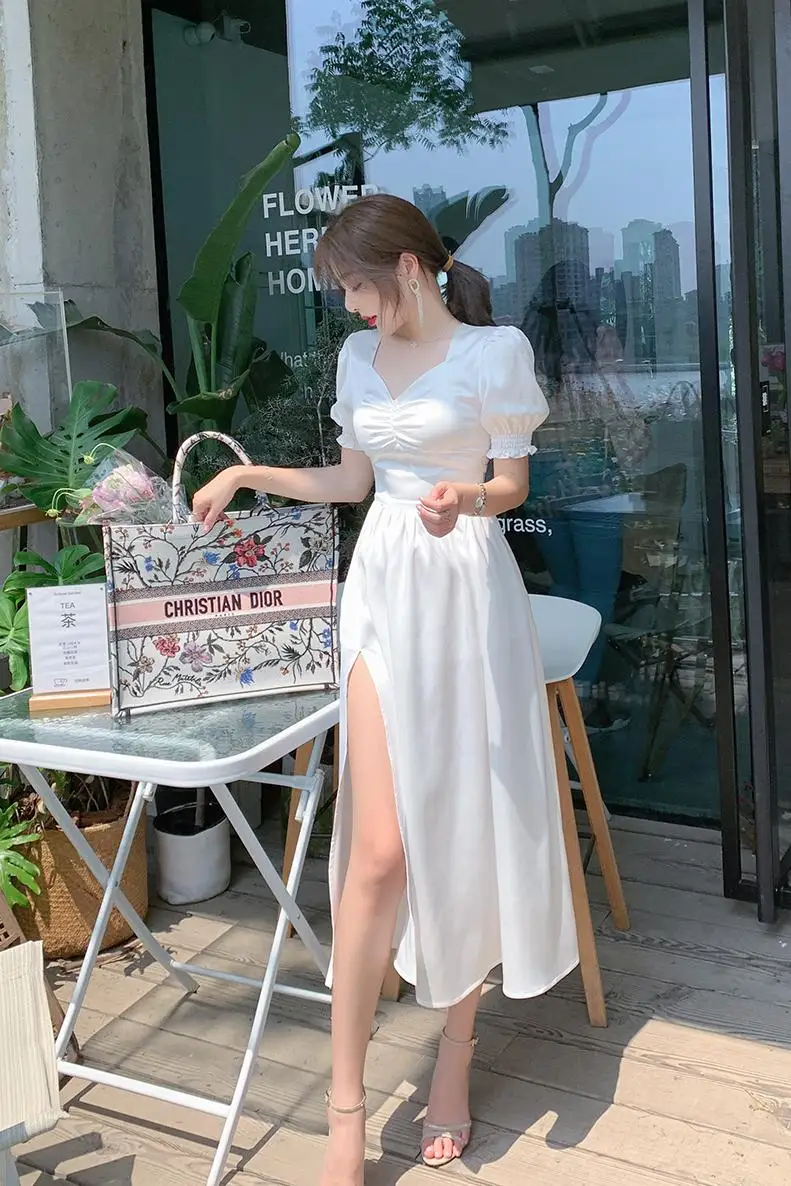 

Elegant White Satin Ruffle Robe Dress Women French Sexy Split Dress Puff Sleeve Office Lady Party Holiday Vestidos 2021 Summer