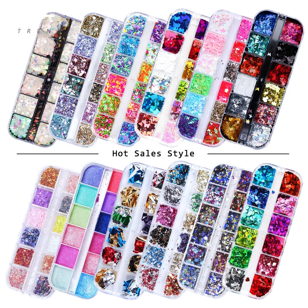 

33 Styles Nail Art Sequins 12 Grid Boxed Nail Gold and Silver Glitter Heart-shaped Butterfly Patch Set Nails Nail Supplies