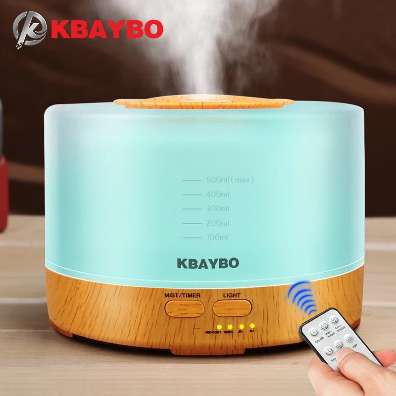 

KBAYBO 500ml Ultrasonic Air Humidifier led light wood grain Essential Oil Diffuser aromatherapy mist maker 24V Remote Control