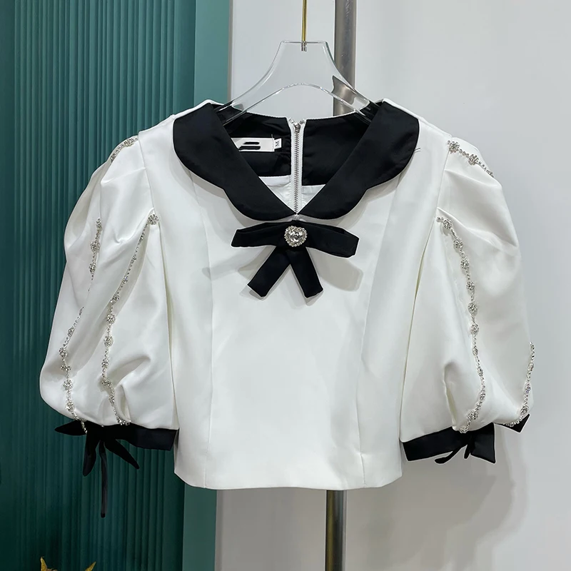 

2021 Summer Women New Chic Short Puff Sleeve Short Shirt Women's V-neck Bow Diamond Back Zipper Blouse Top