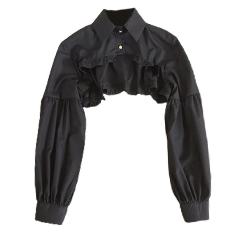 

Women Puff Long Sleeve Half Top Blouse Ruffled Edge Golden Button False Collar