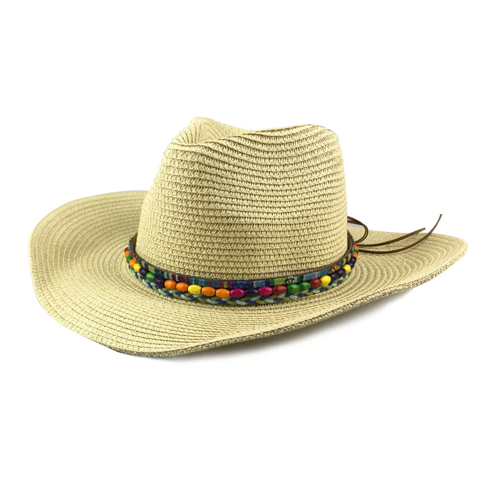 

Cowboy Straw Hat With Colorful Beads Men Women Outdoor Travel Sunhat Gentleman Lady Sombrero Curled Beach Hat Jazz Cowgirl