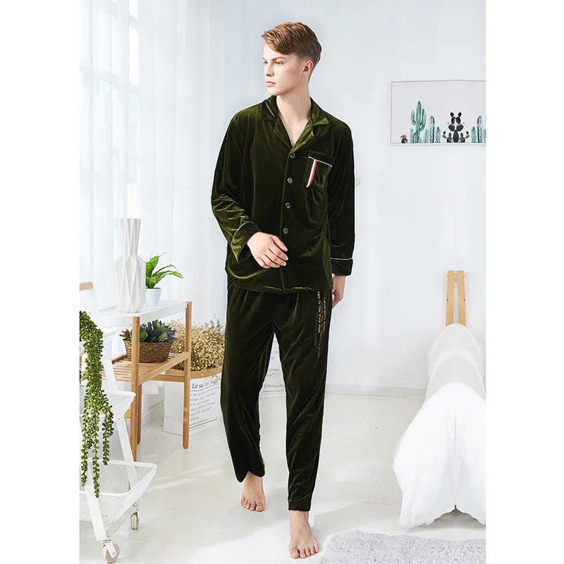 Мужская пижама Золотая Бархатная с длинным топом и длинными штанами эластичной