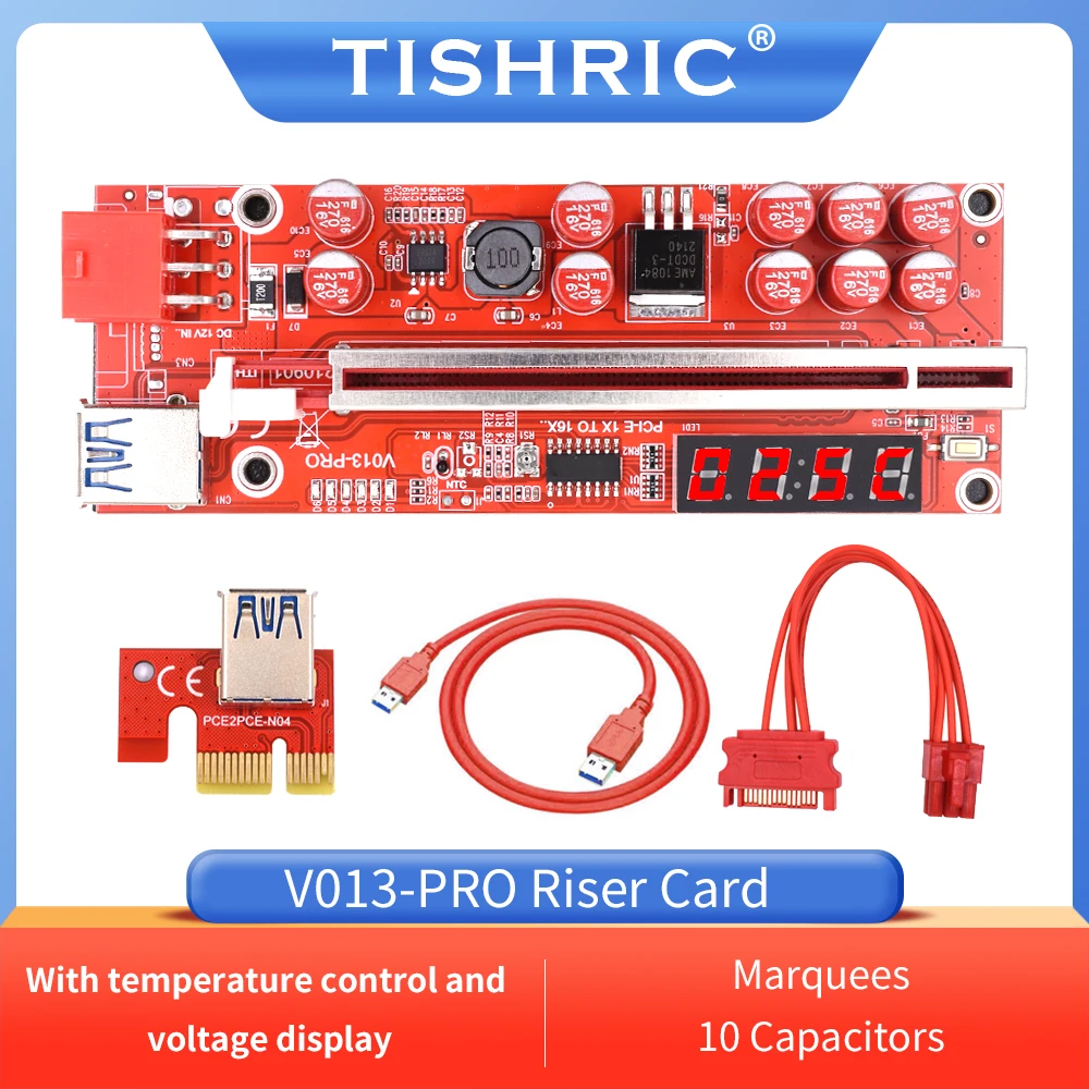 

1-10 шт. TISHRIC V013 Pro PCIE Riser 013 Express X1 X16 Cabo Riser для видеокарты 6 контактов мощность 10 Емкость для майнинга