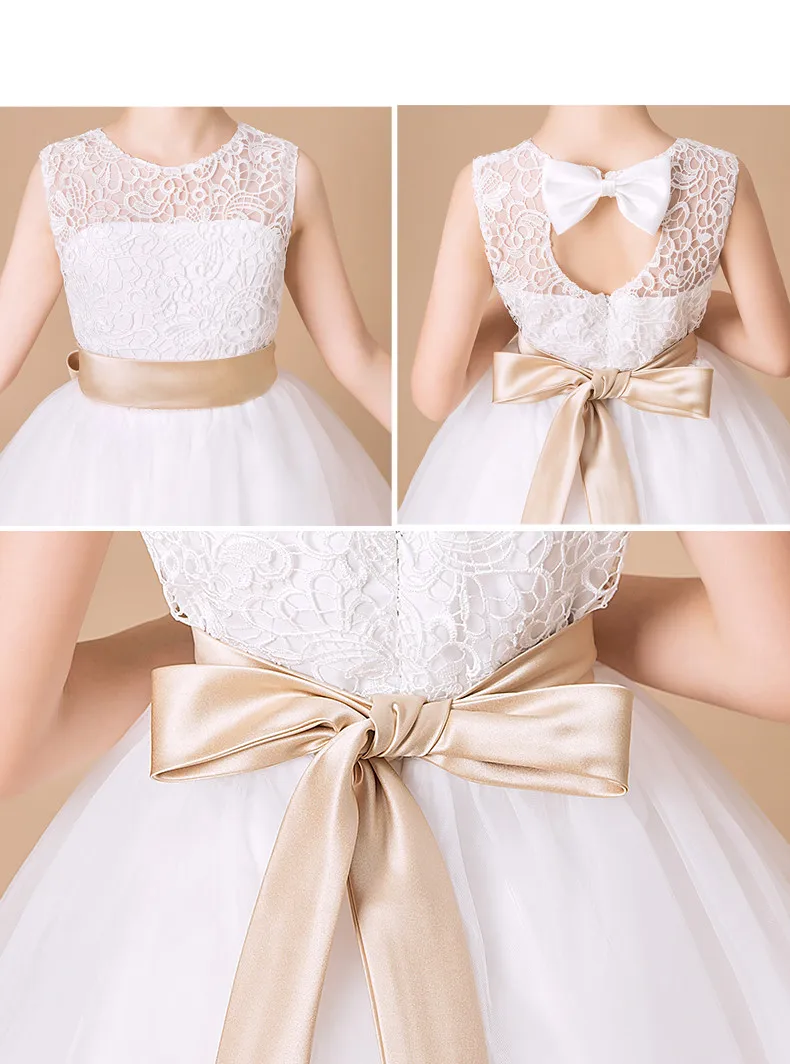 

White Lace Girl Party Dress Open Back Beads Bow First Communion Gowns Girl Pageant Princess Gown Flower Girl Dress for Weddings