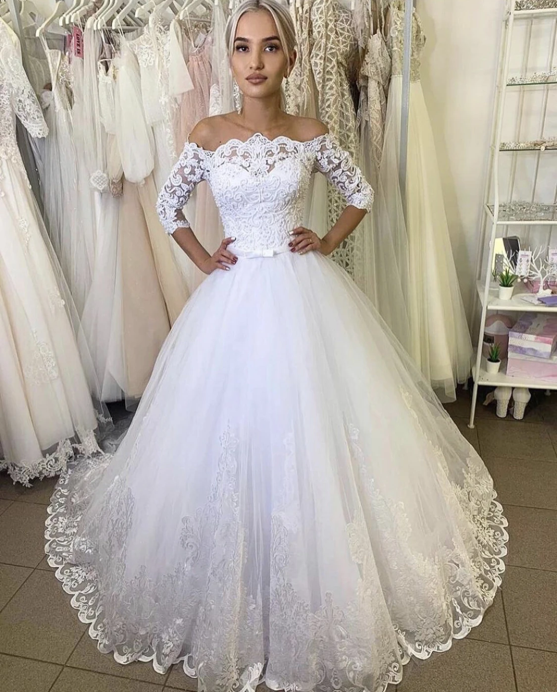 

Wedding Dress Ball Boat Neck Three Quarter Lace Appliques Beads Bow Floor Length Sweep Train Gorgeous Bridal Gown Custom Made