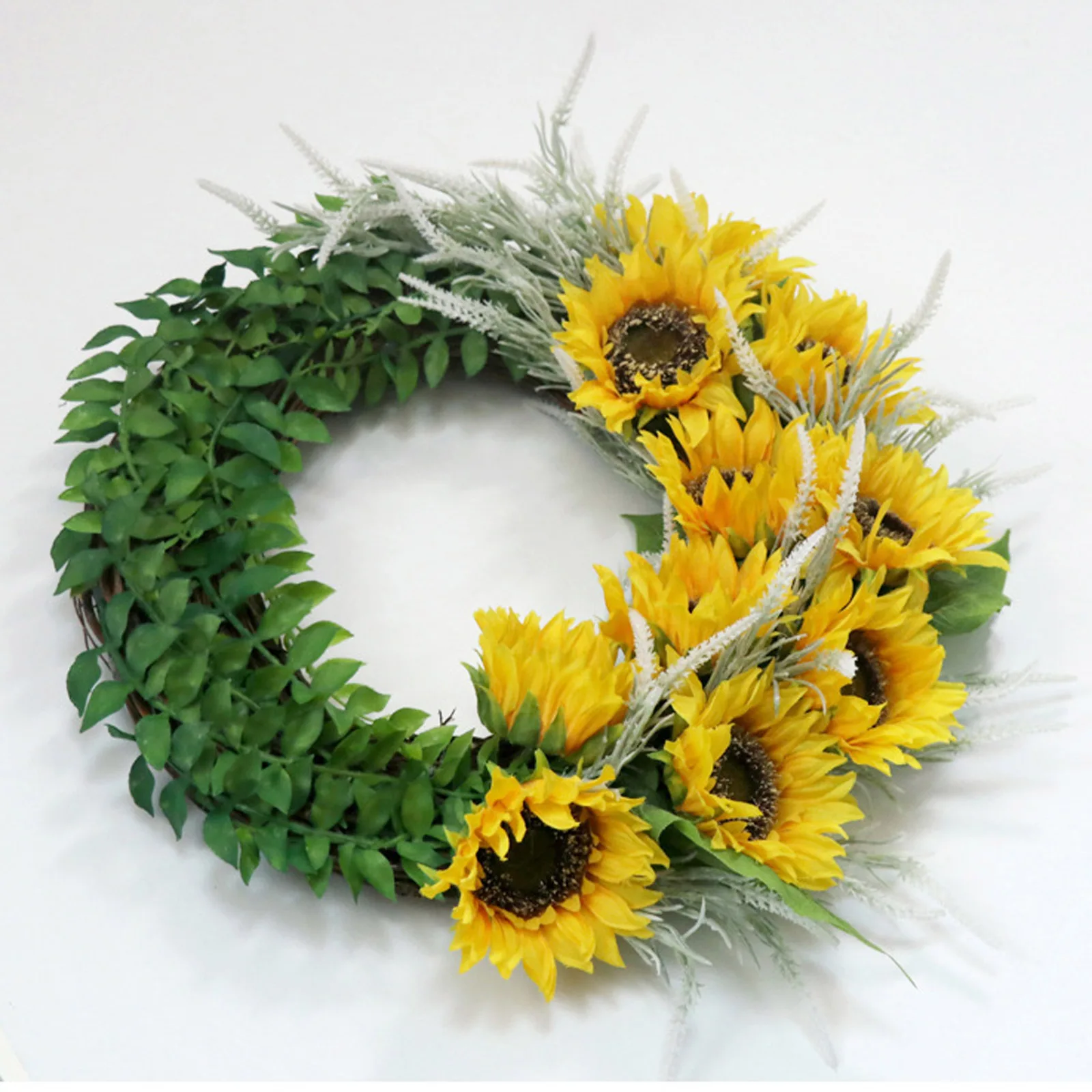 

Sunflower Fake Flower Wreath Decorative Wreath-16 16 Inch Yellow Leaves For Front Door Indoor Wall Dcor Green Artificial