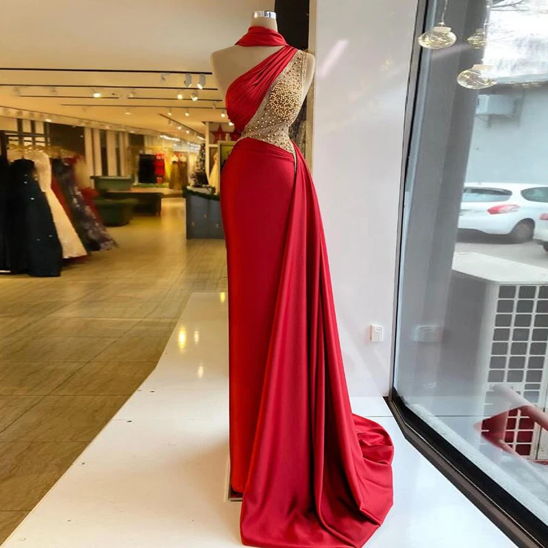 

Eightale Arabic Evening Dress One Shoulder Beaded with Pearls Mermaid Satin Red Sexy Prom Gown Long Celebrity Party Dress