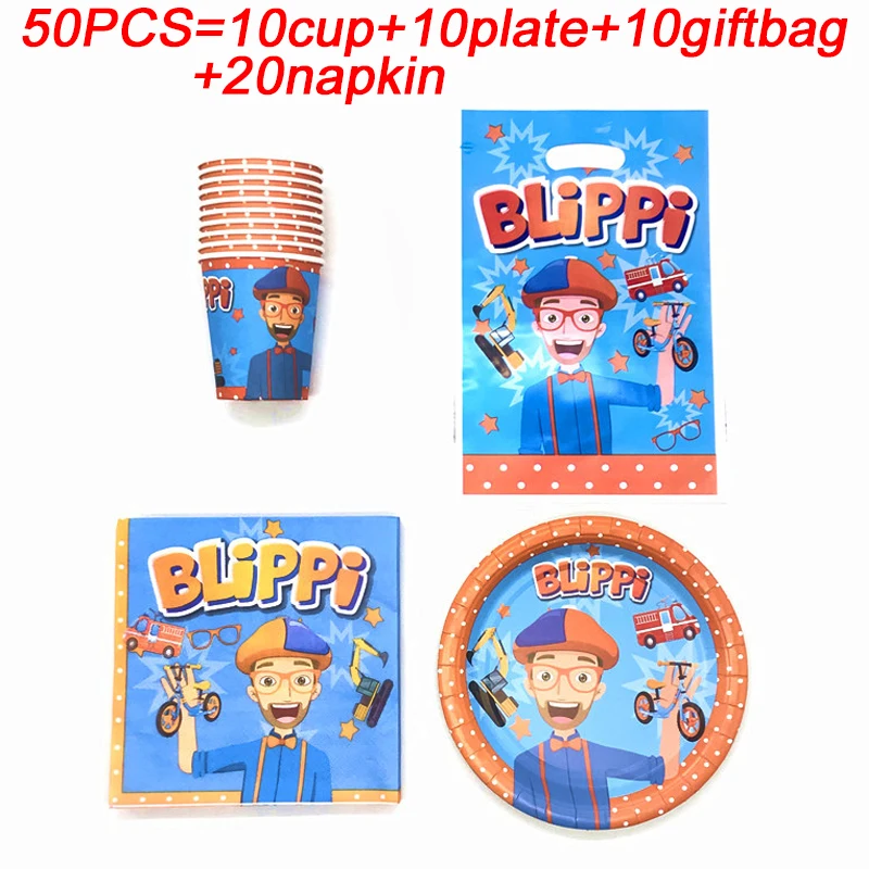 

50pcs Teacher Blippi Party Theme Kids Birthday Party Paper Cups+Plates+Napkins+Straws Wedding Party Paper Tableware Set Supplies