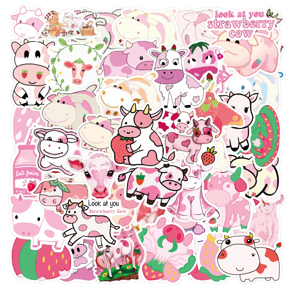 

50PCS Cartoon Pink Strawberry Cow Cute Sticker Toys for Girls Luggage Notebook Skateboard Mobile Phone Waterproof Laptop Sticker