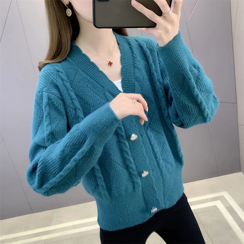 

Room 209785, 6 row 5 】 make V is gotten under the pure color twist lace knitting cardigan 49 [1081]