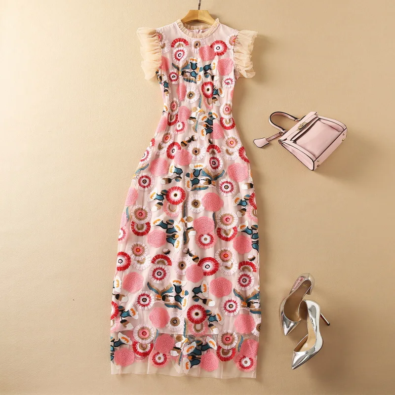 European and American women's clothing winter 2022 new Sleeveless stand collar heavy flower embroidery Fashion dress